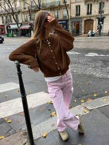 FOR BEAUTY Solid Color Cardigan, Fashionable Elegant Minimalist Casual Style, Long Sleeve Knit Top Suitable For All Seasons - Chocolate - View 7