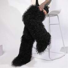 Women's Thigh High Fur Boots Faux Fur Fluffy Flat Warm Over The Knee Boots Tall Furry Snow Shoes For Women - 黑色 - 查看 3