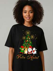 Camisa masculina de algodão, manga curta, gola redonda, ombros caídos e estampa de árvore de Natal do desenho animado Natal