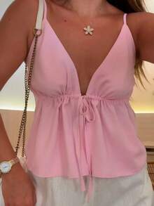 Women's Cropped Tank Top With Front Opening, Adjustable Tie, And Adjustable Straps - Spring 2025 Summer - Rosa Pálido - Ver 3