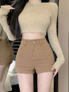 高腰修身短裤，弹性裤脚和侧开衩设计，夏季显腿长 - 卡其色 - 查看 4