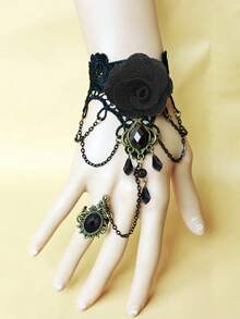 1 件女士复古哥特朋克时尚勃艮第花朵蕾丝手链腕带配红色宝石戒指万圣节