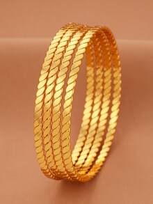 4pcs 18K Gold Plated Copper Striped Bangle Bracelets, Fashionable & Unique, Suitable For Women's Party, Gift, And Daily Wear - Yellow Gold - View 2
