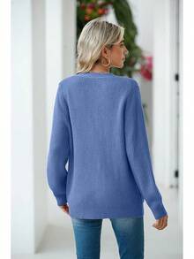 Women Chunky Knit Cardigan Sweater Long Sleeve Button Up Cardigan With Pocket Sweater Coat Fall And Winter, Fashionable Knitwear SLK8 - Màu xanh lam - Xem 4