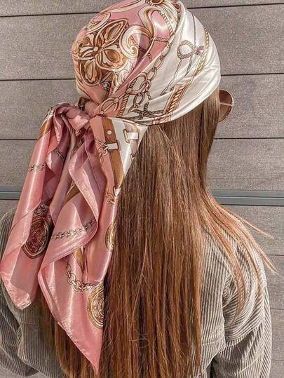 1pc Women's Light Pink Printed Satin Square Scarf, Fashionable Outdoor Headband Or Hair Scarf Suitable For Spring/Summer Season Bandana,Hair Band,Head Band Ideal For Dressing Up Your Look Winter Fall