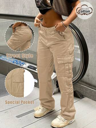 GILIPUR New Khaki Women's Cargo Wide Leg Pants, Multi-Pocket Design, Retro Elegant, Suitable For Casual Daily Wear, Spring, Autumn, Winter, Also Suitable For New Year, Valentine's Day And Other Holidays. Can Also Be Given As A Gift. Suitable For Outings, Dates And Office Wear.