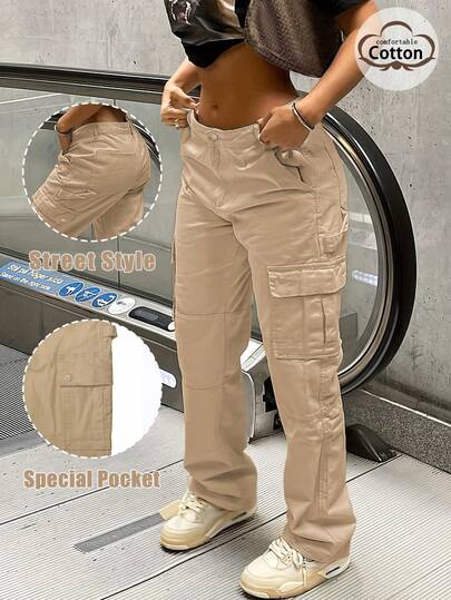 GILIPUR New Solid Color Women's Cargo Wide-Leg Pants, Elastic Waist Design, Multiple Pockets, Casual Style, Y2K Style, Elegant And Fashionable, Suitable Streetwear, 2000s Style, Autumn And Winter Outfits, Retro Clothing StylePerfect For New Year Winter And Thanksgiving