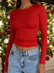 Women's Solid Color Base Top, Comfortable, Simple, Multifunctional Long Sleeved Base Top - Red - View 1