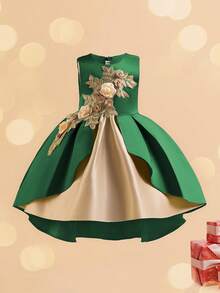 女童3D刺绣撞色公主裙，中长款露背公主裙，适合年轻女孩参加婚礼派对 - 綠色 - 查看 2