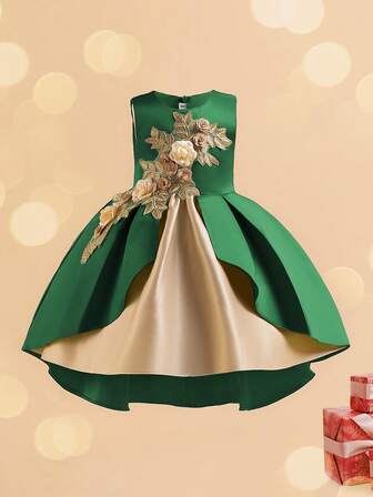Vestido de princesa con bordado 3D y contraste de color para niñas, vestido de princesa de longitud midi sin espalda, adecuado para bodas y fiestas
