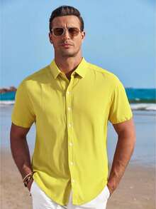 Men's Basic Plain Short-Sleeved Dress Shirt For Summer - Yellow - View 1