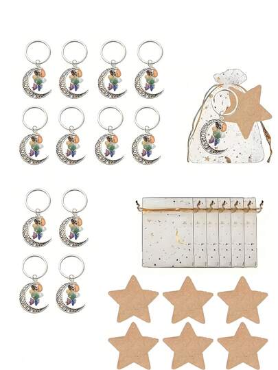 12/3pcs Stone Moon Keychain Party Gift Set, Eid Al-Fitr Commemorative Pack, Suitable For Star And New Moon Themed Parties: Birthday Celebrations, Christmas Wedding Events, And Eid Al-Adha Collections - Includes A Charm, A Writeable Star-Shaped Card Tag, And A Drawstring Bag With A Starlight Design.