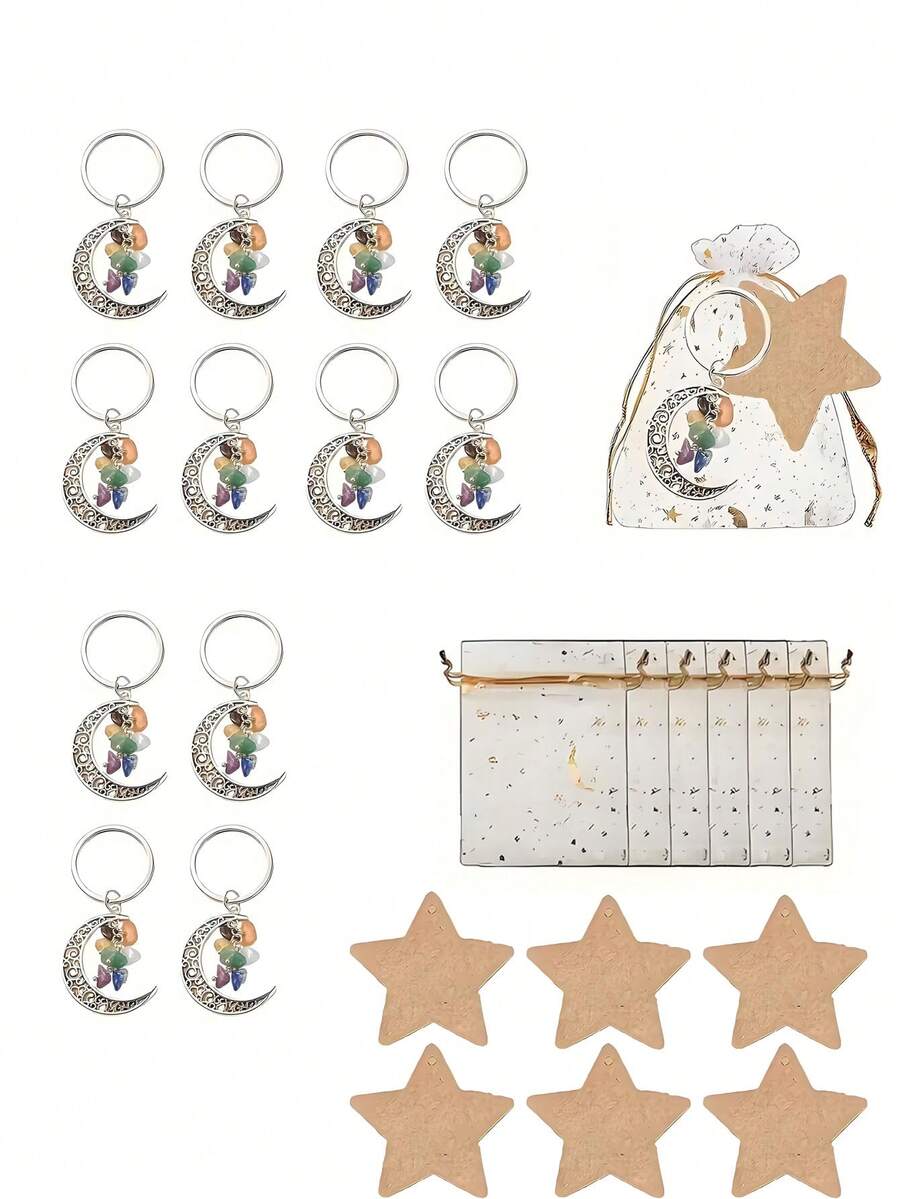 12/3pcs Stone Moon Keychain Party Gift Set, Eid Al-Fitr Commemorative Pack, Suitable For Star And New Moon Themed Parties: Birthday Celebrations, Christmas Wedding Events, And Eid Al-Adha Collections - Includes A Charm, A Writeable Star-Shaped Card Tag, And A Drawstring Bag With A Starlight Design. - Multicolor - View 1