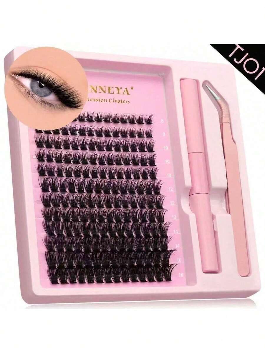 200 piezas Conjunto de extensiones de pestañas falsas con rizo D, mezcla múltiple de 10D+20D+30D pestañas postizas gruesas y tupidas, mechones de pestañas suaves, con maquillaje natural para ojos, longitud de 8-16mm apta para fibra de mink fina e impermeable con efecto 3D, adecuada para maquillaje natural, dramático y diario, kit de racimos de pestañas postizas para cosplay - Multicolor - Ver 1