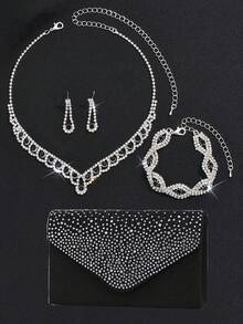 Bolsa de Mão de Luxo Elegante para Mulheres com Cristais e Strass, Bolsa de Ombro, Bolsa de Vestido com Conjunto Ajustável de Pulseira, Colar e Brincos