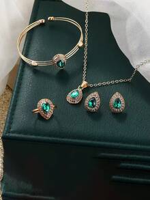 1set Vintage Luxury Elegant Rhinestone Water Drop Earrings, Necklace & Ring Jewelry Set For Women, Suitable For Festival, Birthday, Date, Dance, Party, Holiday, Shopping, Daily Work