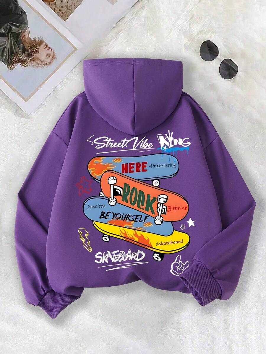 Tween Boy Casual Simple Skateboard Pattern Sporty Style Sweatshirt Boys Long Sleeve Hooded Sweatshirt Autumn And Winter Student Boys Clothing - Purple - View 1