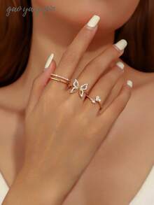 3pcs/Set Fashionable Open Cubic Zirconia Butterfly, Heart & Line Design Ring Set, Personalized INS Style Rings, Multiple Colors Available, Suitable For Women's Daily, Festival, Party Wear Or Gift