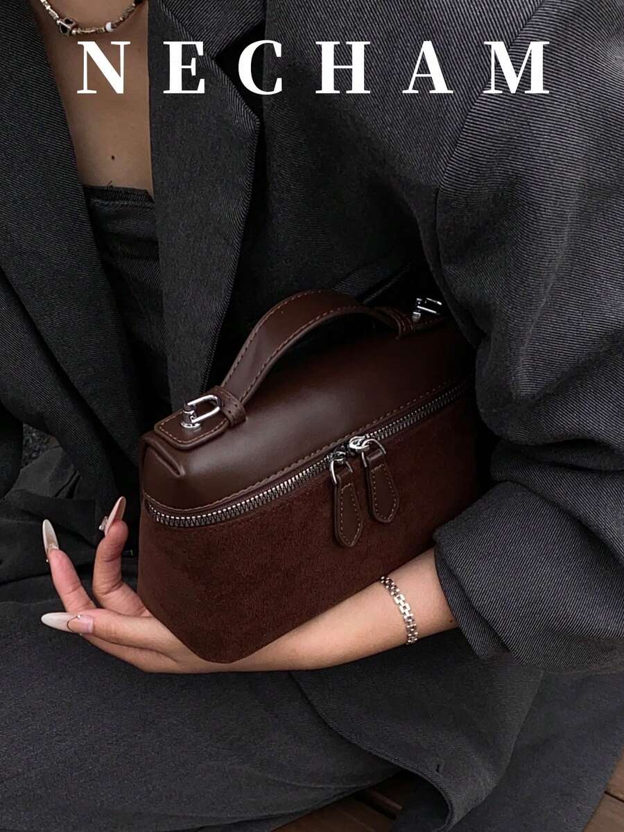 1pc Minimalist & Fashionable Small Square Bag, Faux Suede Retro Style, Suitable For Girls, Women, College Students, Female Office Workers, Great For Work, Business, Commuting, School And Other Occasions - Coffee - View 1