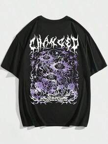 ROMWE MEN Goth Camiseta escolar gráfica con calavera y letras para hombre - Negro - Ver 1