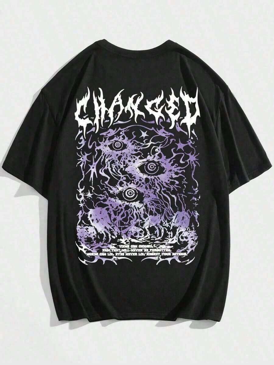 ROMWE MEN Goth Camiseta escolar gráfica con calavera y letras para hombre - Negro - Ver 1