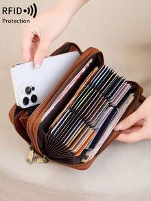 FOREVER MIYIN 复古女士大容量对折钱包，时尚手提包，涤纶内衬，RFID屏蔽多功能设计，多个卡槽，腕带式，简约商务风格，白领女性的理想礼物，生日/教师节/周年纪念日/情人节（豹纹棕色） - 棕色 - 查看 3