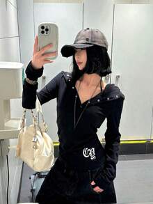 新款秋季女式简约美式朋克风格长袖连帽 T 恤，哥特式轻薄休闲短款上衣