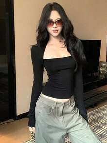 Sexy Black Long Sleeve Fitted T-Shirt For Women, Chic & Versatile Autumn Pullover Top