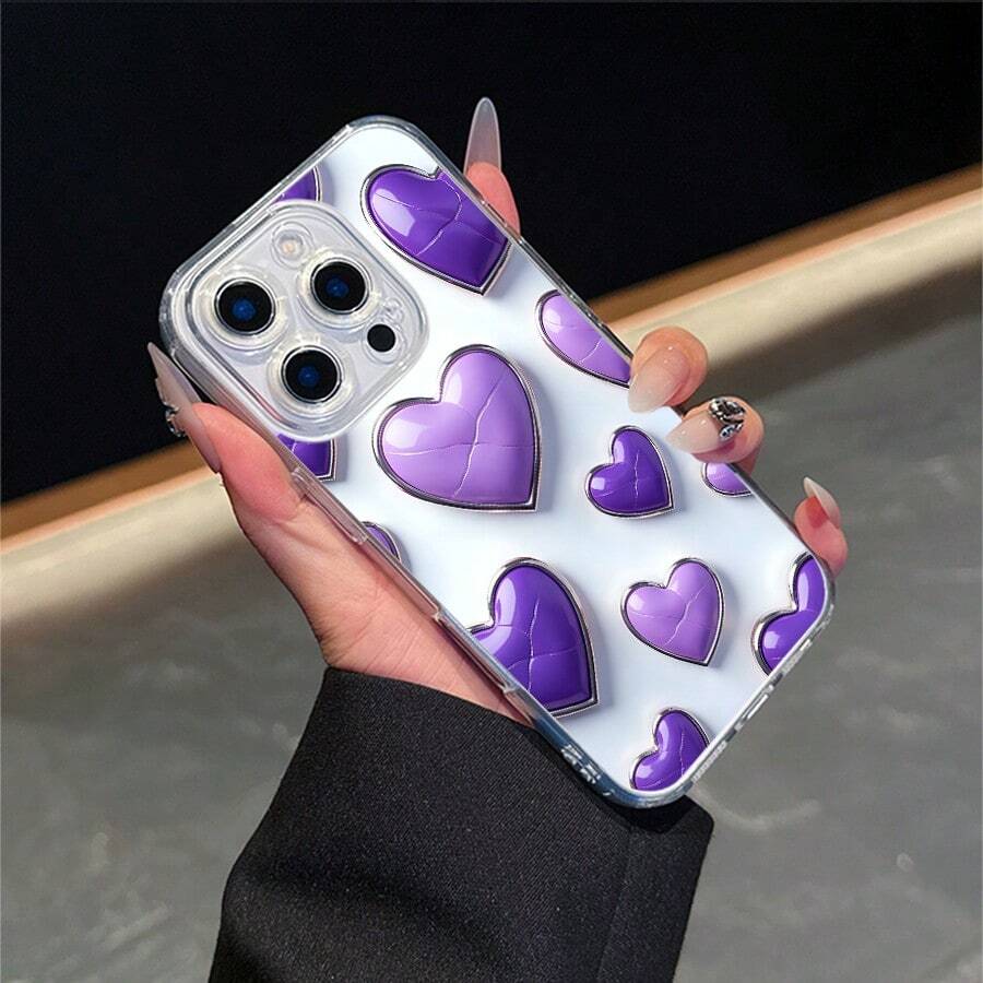 CLEAR  CASE Many Purple Heart Shapes On A White BackgroundCompatible With  11 To  17 Models The Cases Lens Protection Function Ensures The Camera Remains Undamaged During Shooting  Guaranteeing Image Quality - Clear - View 1