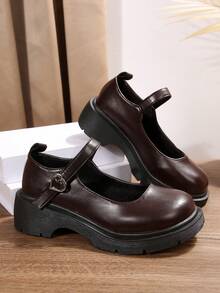 圆头浅口玛丽珍鞋，黑色PU皮，青年款，舒适休闲，适合度假，乐福鞋，女鞋，黑色鞋，学生鞋，金属扣，搭扣，女士坡跟厚底鞋 - 棕色 - 查看 7