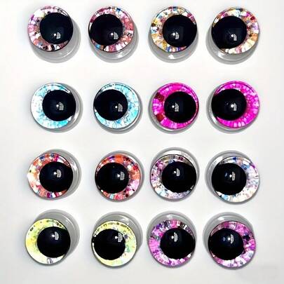 16pcs Shiny Eyes, Black Plastic Doll Eyes, Size 12/14/16/18/20/25/30mm, 3D Stereoscopic Glitter Eyes With Rings, Suitable For Crochet, Plush Toys, Big Eyes, For Amigurumi Dolls, Plastic Crochet Eyes, Teddy Bear DIY Accessories