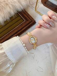 1件女款金/綠色錶盤極簡風新款小錶盤優雅時尚百搭石英手錶，適合日常配戴 - 白色 - 查看 2