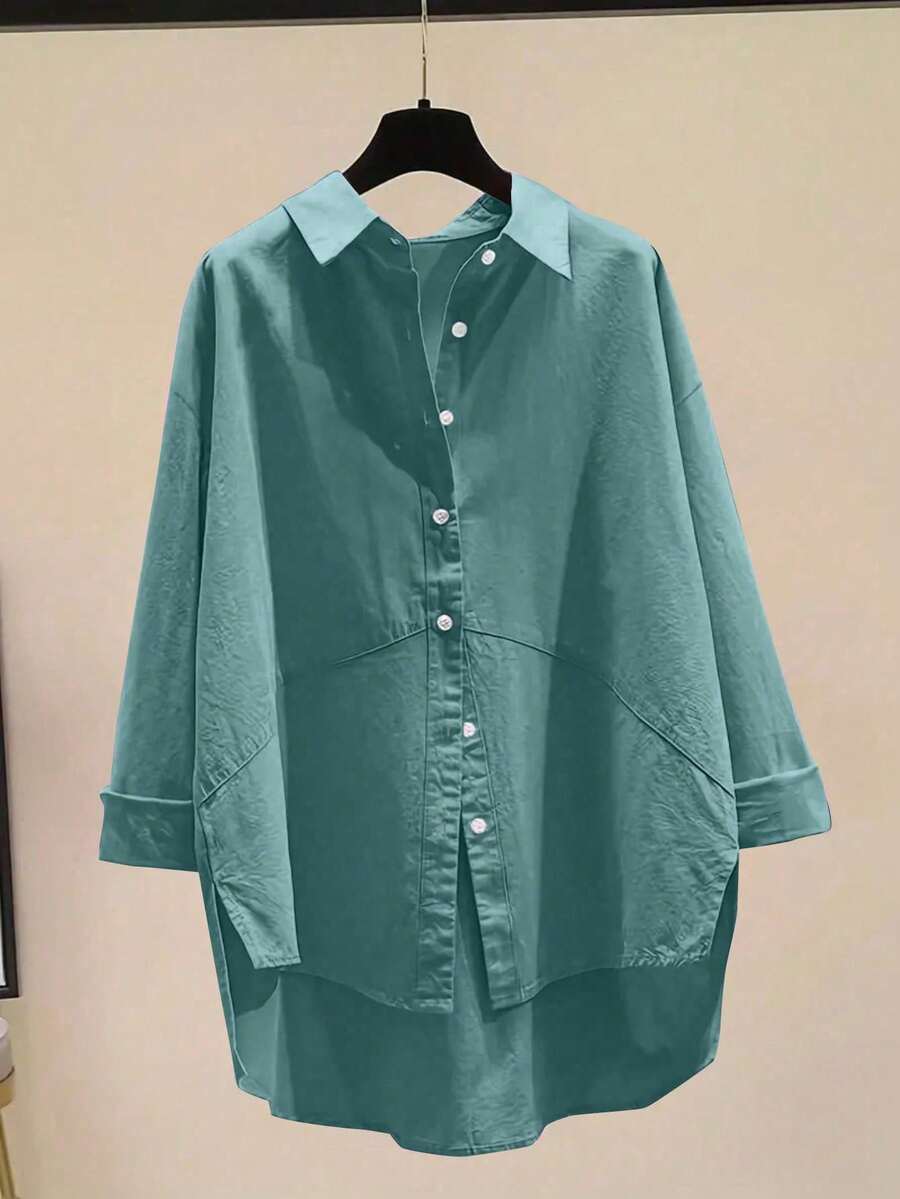 Women's Solid Color Simple Button-Down Casual Shirt - Dark Green - View 1