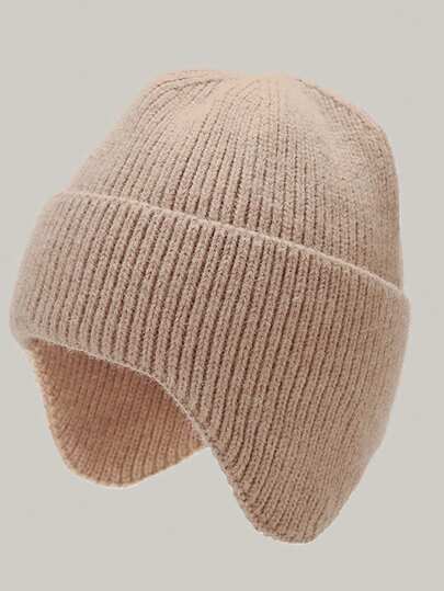 1pc Men's Solid Color Knit Beanie Hat, Comfortable Ear Protection Design, Versatile Warm Earflap Cap, Suitable For Outdoor Daily Wear