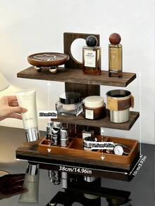 1 pieza Estantería de 3 niveles de gran capacidad con acabado de grano de nogal, estilo nórdico, color nogal, forma trapezoidal, para almacenamiento de accesorios de café/rincón de café, organizador de escritorio multiusos, almacenamiento de cosméticos/regalo de cumpleaños - Marrón - Ver 5