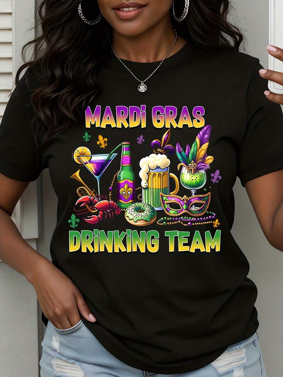 Mardi Gras Drinking Team Party Shirt Festive Costume T-Shirt With Beer Cocktail And Mask Design For Carnival Celebration - màu đen - Xem 1