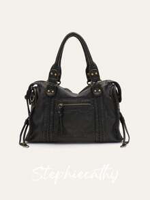 STEPHIECATHY Retro Casual Cool Street Unisex Style Handbag Soft Brush Off Washed PU Vegan Leather Zipper Closure Zip Pockets Braid Decor Large Capacity Small Size Tote Adjustable Long Strap Cross Body Shoulder Bag Top-Handle Purse Women Daily College Commute Travel Versatile - Multicolor - View 12