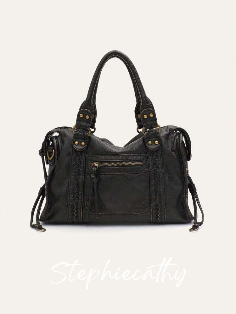 STEPHIECATHY Vintage Casual Cool Street Style Unisex Handbag, Soft Washed PU Leather, Zipper Closure, Zipper Pocket, Woven Decor, Large Capacity, Compact Size, Adjustable Long Shoulder Strap, Crossbody Shoulder Bag, Top Handle, Versatile For Women Daily, College, Commute, Travel - Multicolor - View 12