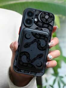 Snake And Crescent Moon + Same Pattern Magnetic Card Holder,Skin-Feel Case Compatible With Wireless Charging Phone Cases Suitable For Compatible With Iphone 17,17AIR,16, 15, 14, 13, 12,PRO MAX PLUS,Wallet Accessory For 1-2 Cards With Built-In - 彩色 - 查看 3