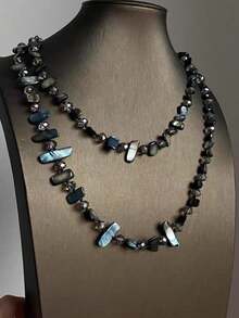 1件复古项链，波西米亚风格彩色贝壳串珠双层项链，复古奢华假日长项链，可叠戴，各种宝石和珍珠颜色和形状 - 黑灰色 - 查看 2