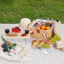 Handmade Wicker Picnic Basket For 2 With Folding Table And Waterproof Blanket Large Insulated Design Featuring Wine Bag And Cutlery Kit Ideal For Outdoor Picnics Camping Adventures And Holiday Gatherings In A Floral Pattern - WhiteFlower - View 2