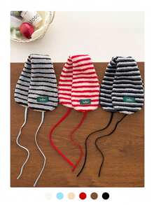 Thermal Lined Striped Fingerless Gloves With Ear Muffs, Warm And Cute Winter Set For Girls Plush Striped Fingerless Gloves With Ear Muffs, Warm And Fashionable Winter Set - Lambswool-lined Gloves - View 14