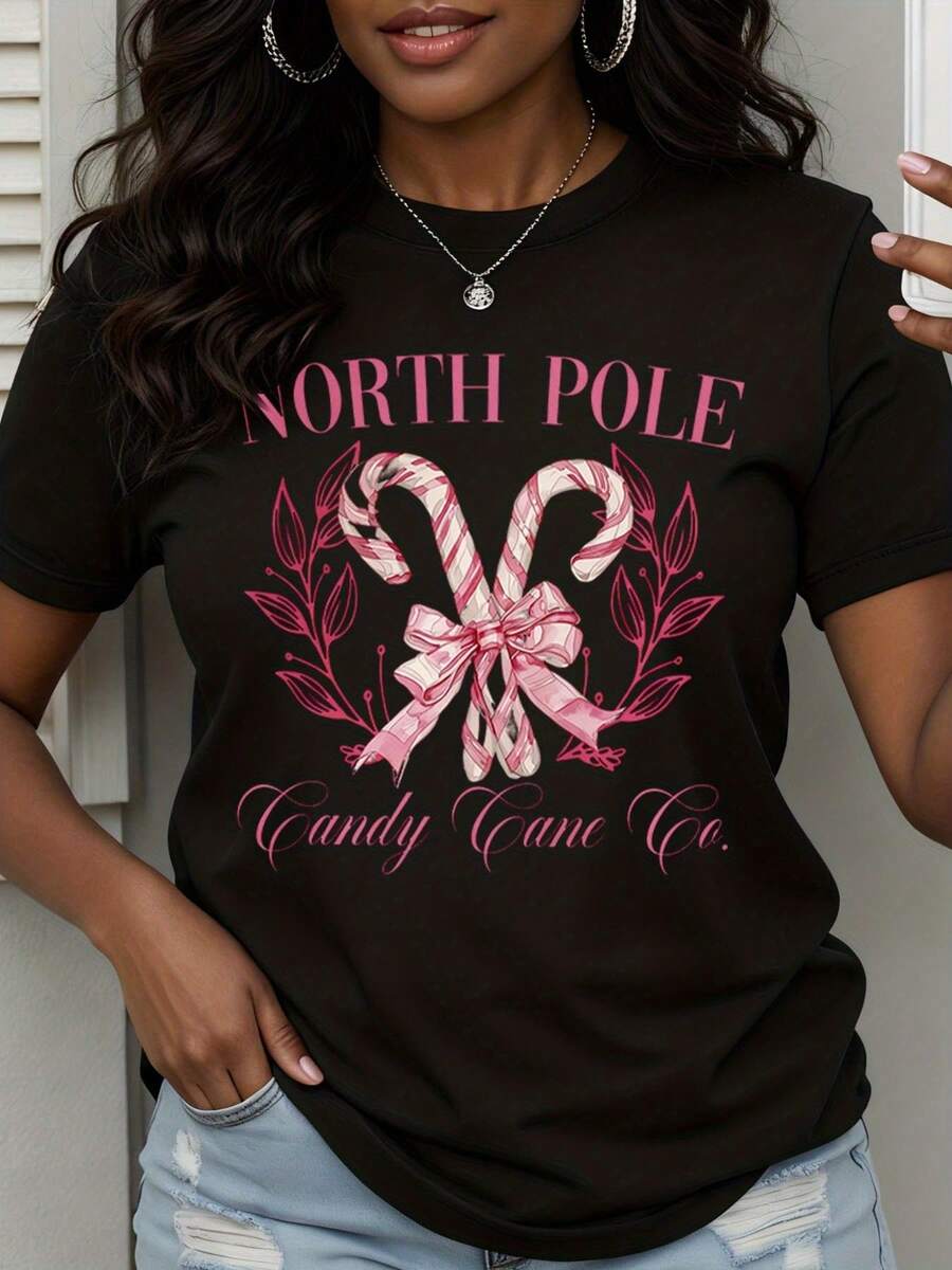 North Pole Candy Cane Co Christmas Holiday T Shirt Women Black Pink Candy Cane Design Festive Winter Top - 黑色 - 查看 1