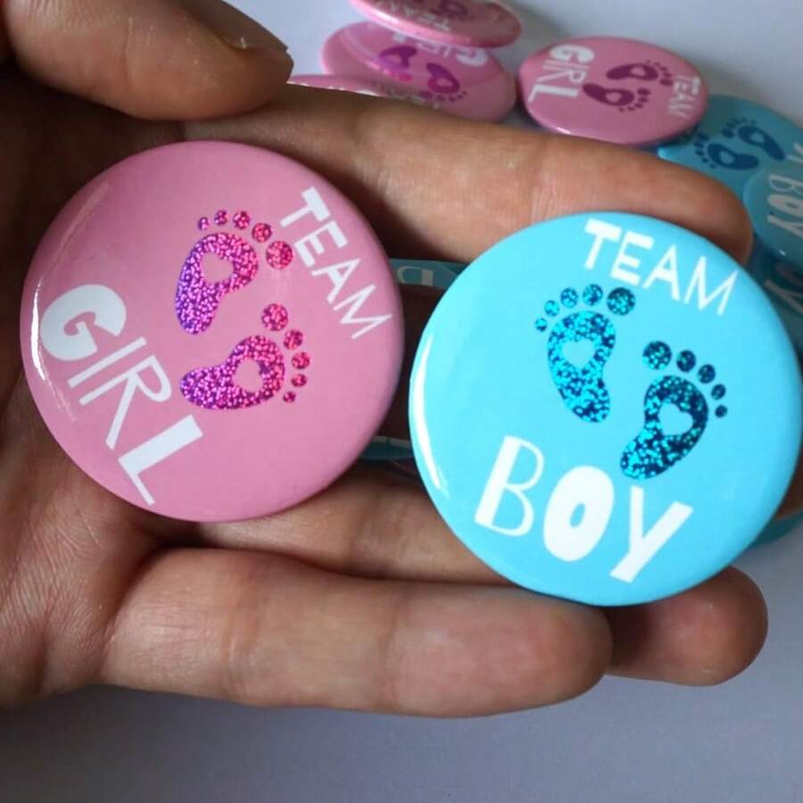 30 piezas Botones para revelar el género del bebé, equipo azul o rosa, pines para fiesta de baby shower, suministros y decoraciones para la familia - Multicolor - Ver 1