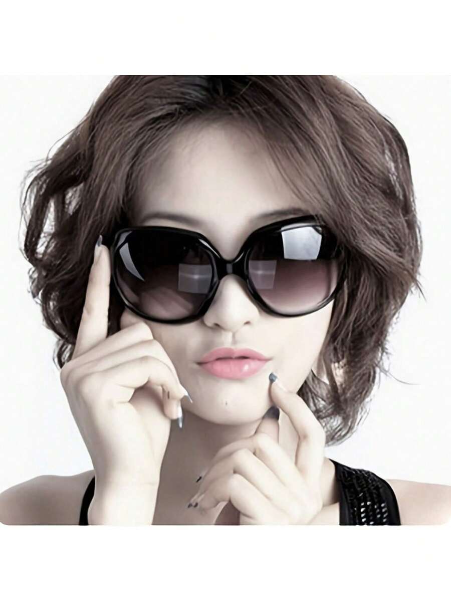 A Pair Of Fashionable European And American Style Women's Glasses, PC Material Sports  Decoration, Plastic Hinge, Versatile Large Round Frame For Women - 黑色雙灰 - 查看 1