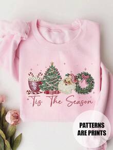 圣诞爷爷图案宽松圆领长袖休闲女式卫衣 - 淺粉色 - 查看 4