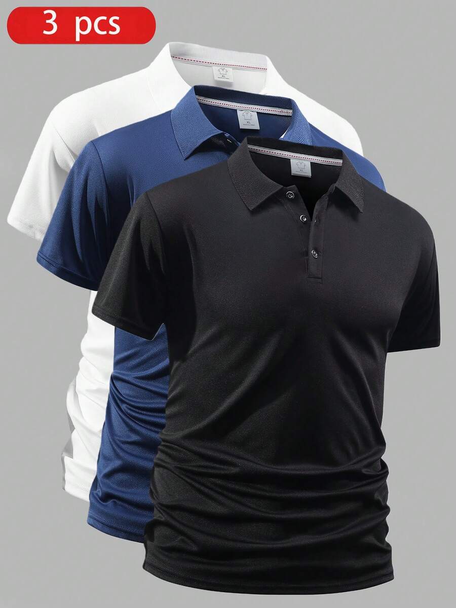 3 chiếc áo thun polo tay ngắn màu trơn phong cách bạn trai nhẹ, thoáng khí, chạy bộ, tập thể dục, mùa hè - Nhiều màu - Xem 1