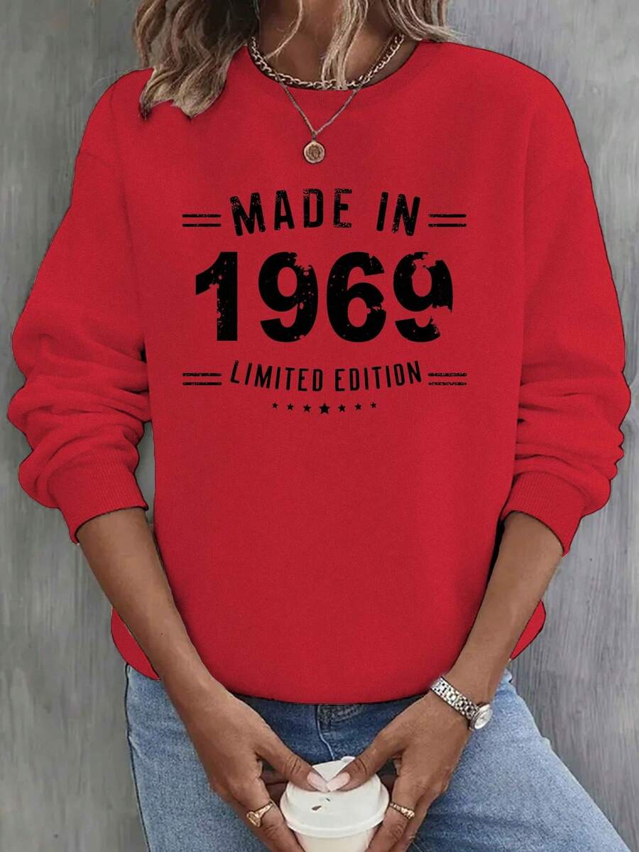 Suéter de Cuello Redondo con Estampado Gráfico para Mujer 1969 - Rojo Vibrante Inspiración Vintage, Tejido Suave Lavable a Máquina para Otoño y Primavera, Sudaderas Lindas, Pulóver Cómodo, Conjunto de Primavera, Estilo Retro, Material Duradero, Top de Jersey, Para Amantes del Retro - Negro - Ver 1