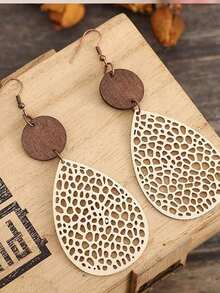 1 Pair Retro Hollow Spiderweb Pattern Wooden Dangle Earrings - 彩色 - 查看 4