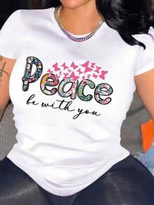 Camiseta de Mujer con Estampado de Flores, Mariposas y Monograma - Blusa de Cuello Redondo y Manga Corta con Texto Chino "Peace & You", Cómoda y Casual para Todas las Estaciones, Lavable a Máquina, Top Blanco - Blanco - Ver 2